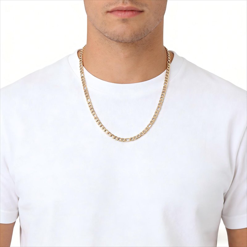 Men's 18K Gold Plated Diamond Cut Figaro Chain Necklace - Stainless Steel, Luxury