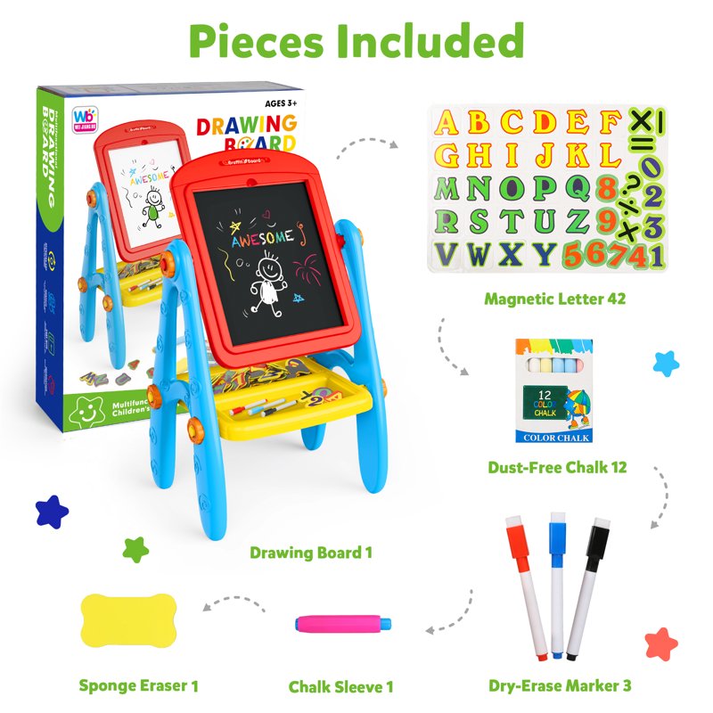Double-Sided Kids Art Easel with Magnetic Whiteboard & Chalkboard – Educational Gift for Ages 2-6