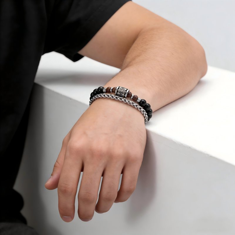 Men's Tiger Eye Bead Bracelet with Stainless Steel Chain - Healing Gemstone Jewelry