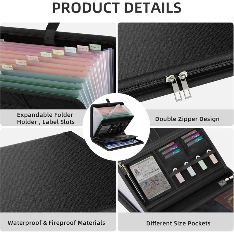 Fireproof Accordion File Organizer with Waterproof Zipper and Labels, 13 Pockets