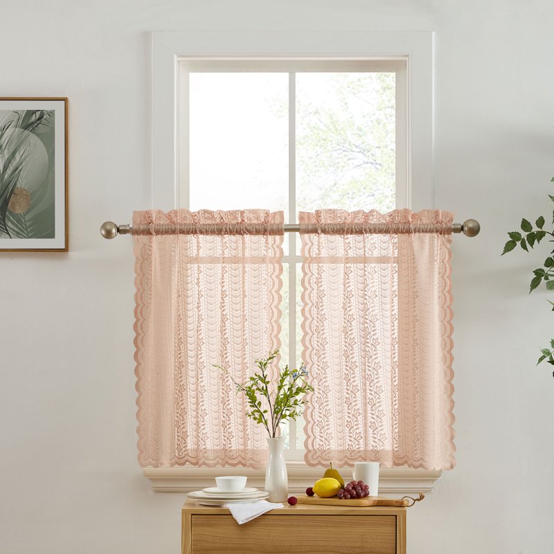 Semi Sheer Floral Lace Window Curtain Tiers for Small Windows - Set of 2