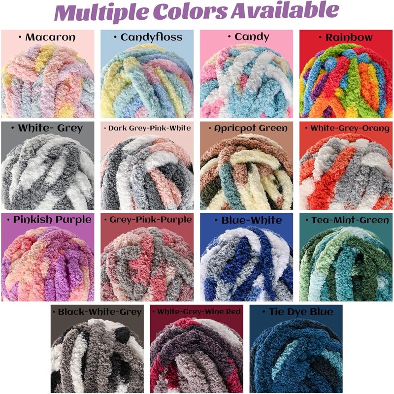 Bulky Variegated Chenille Yarn for Crochet and Knitting - 10 Skeins, Soft & Thick