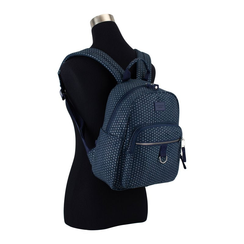 Mini Backpack for Travel and Daily Use with Secure Zipper Pockets - Navy Glitter Dots
