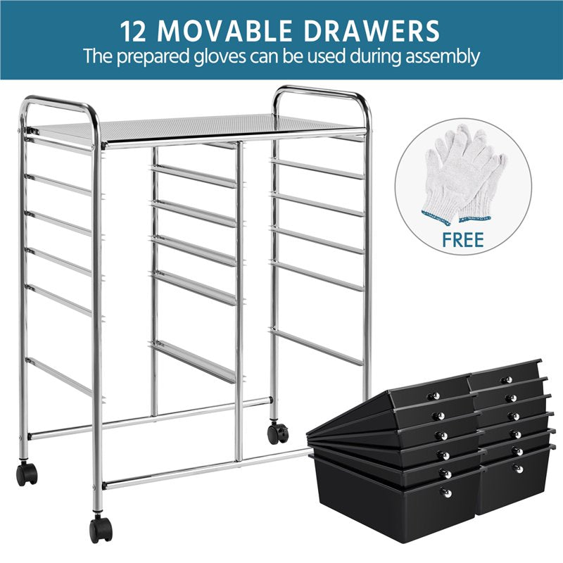 12-Drawer Mobile Storage Cart with Lockable Wheels, Steel Home Office Organizer