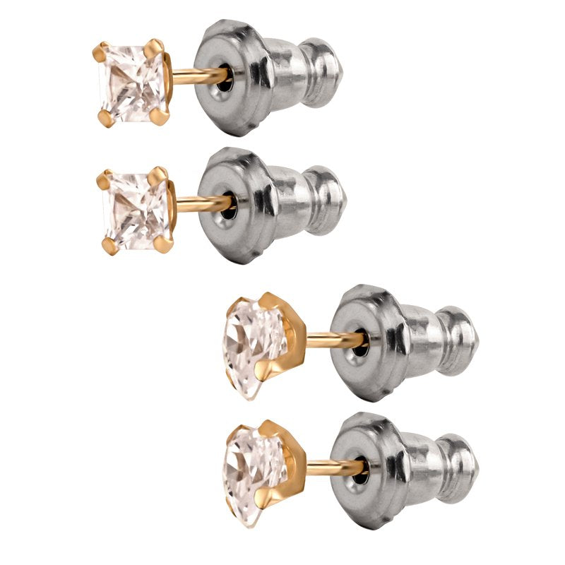 Girls 14K Gold CZ Square & Heart Stud Earring Set - Tween Jewelry Gift