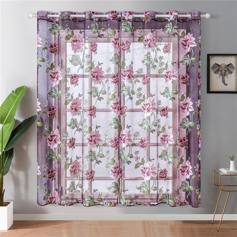 Sheer Floral Curtains 96 Inch Length - Purple & Pink Window Drapes