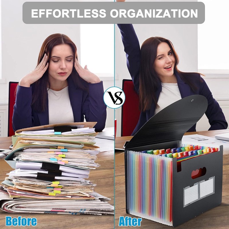PHANCIR 24-Pocket A4 File Organizer with A-Z/Month Tabs – Multicolor
