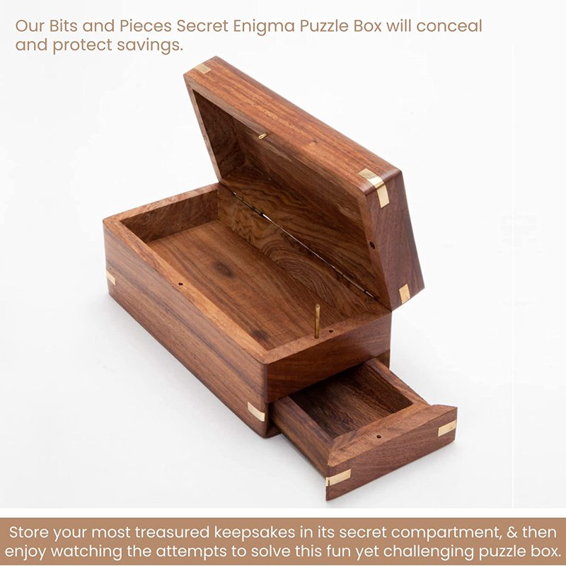 Wooden Puzzle Box with Secret Compartments - Money & Jewelry Holder