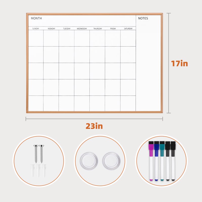 Magnetic Monthly Calendar Whiteboard 17x23 Inches with Rose Gold Frame for Wall Office Home School