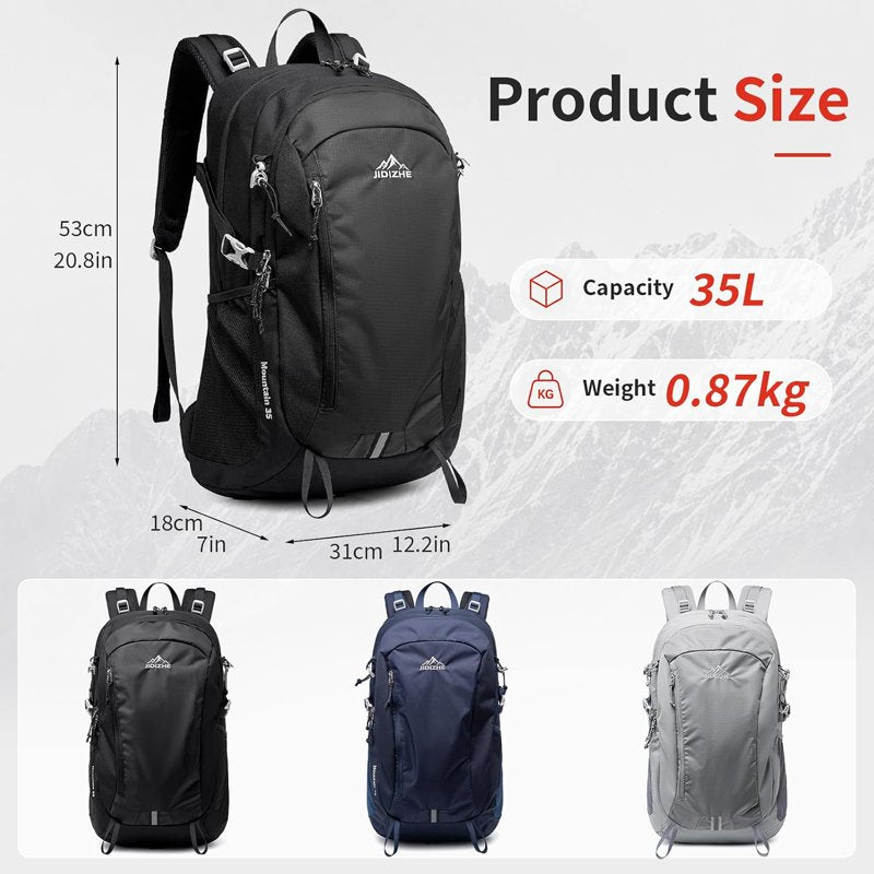 JIDIZHE 35L Hiking Backpack Black003 – Water-Resistant Daypack with Rain Cover, Lightweight, Adjustable Chest Strap