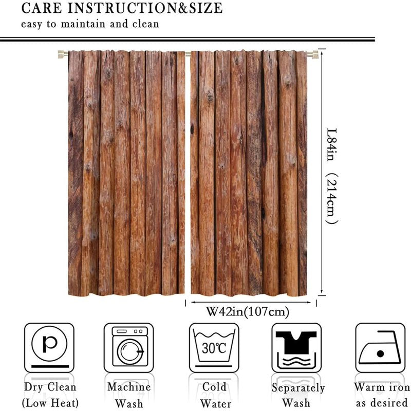 Rustic Wooden Kitchen Curtain Set - Vintage Brown Countryside Darkening Drapes