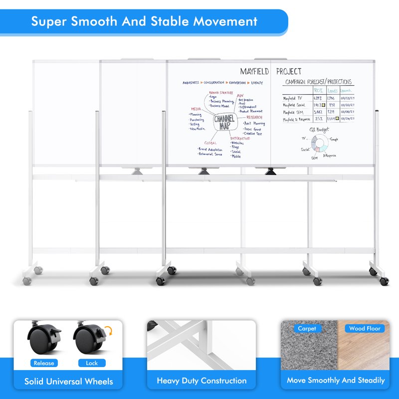 Large Double-Sided Mobile Whiteboard on Wheels - 72x40 Inches, Magnetic Dry Erase, Adjustable Stand for Office, School, Home