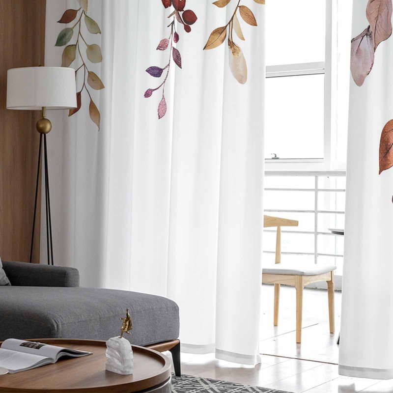 Fall Leaves Sheer Curtains Set - Watercolor Leaf Fruit Berry Design, 52x84 Inch, 2 Panels