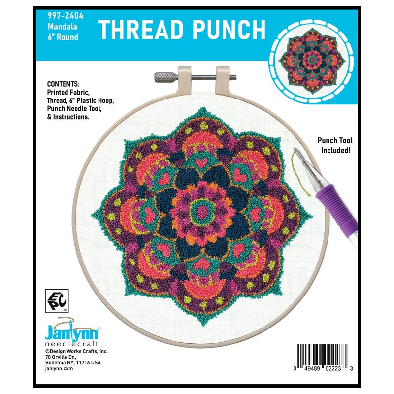 Mandala Punch Needle Kit with Embroidery Hoop and Stamped Fabric - Complete Craft Set