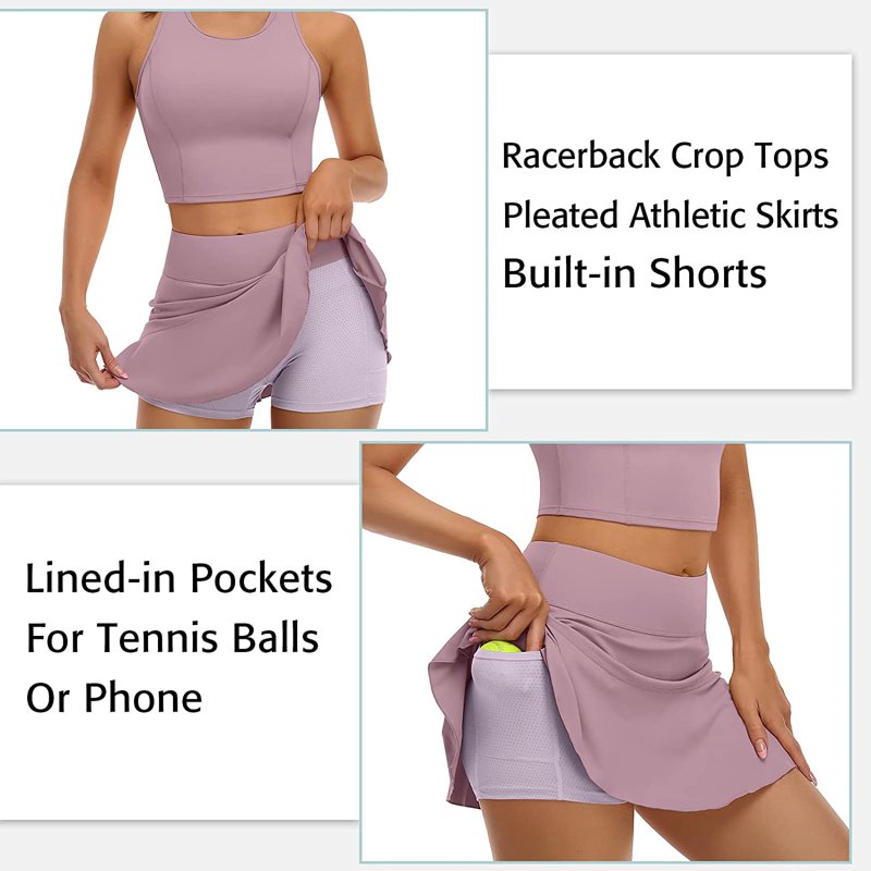 Women's 2 Piece Tennis Skirt Sets with Built-in Shorts & Pockets - Athletic Dress