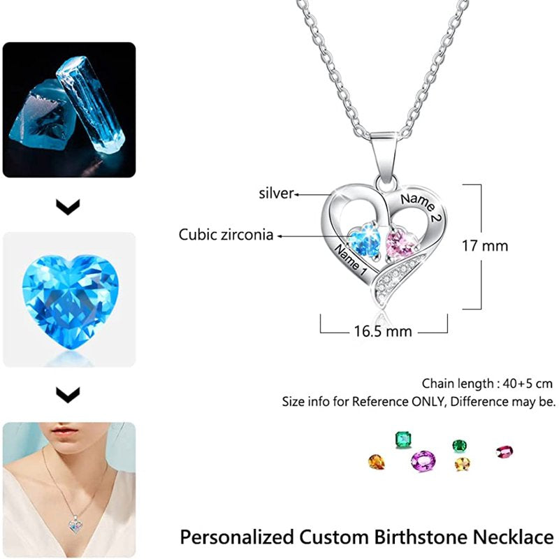 Personalized Heart Necklace with Iridescent Stone & Custom Name Pendant - Gold, Silver, Rose Gold