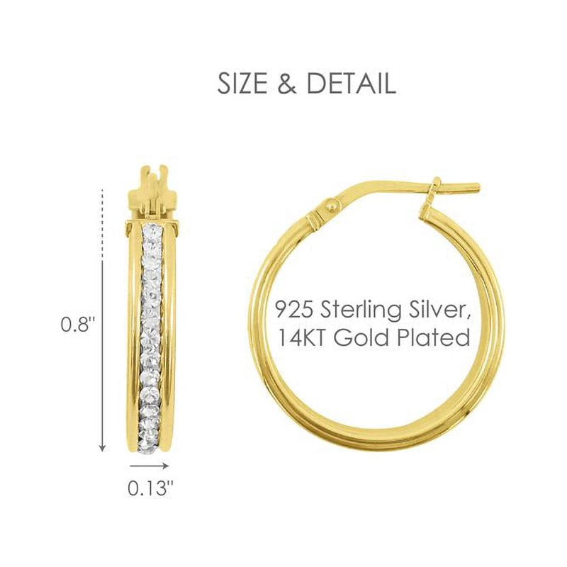 14K Gold Plated Sterling Silver Crystal Hoop Earrings for Women - Hypoallergenic, Secure Click-Top Closure