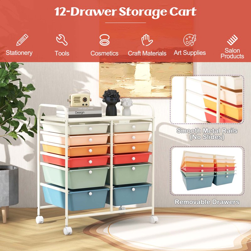 12-Drawer Rolling Storage Cart with Plastic Drawers for Home & Office Organization