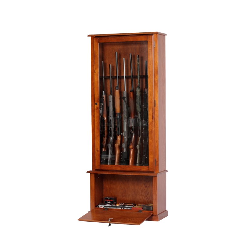 8-Gun Locking Display Cabinet with Storage - Traditional Brown Wood Finish