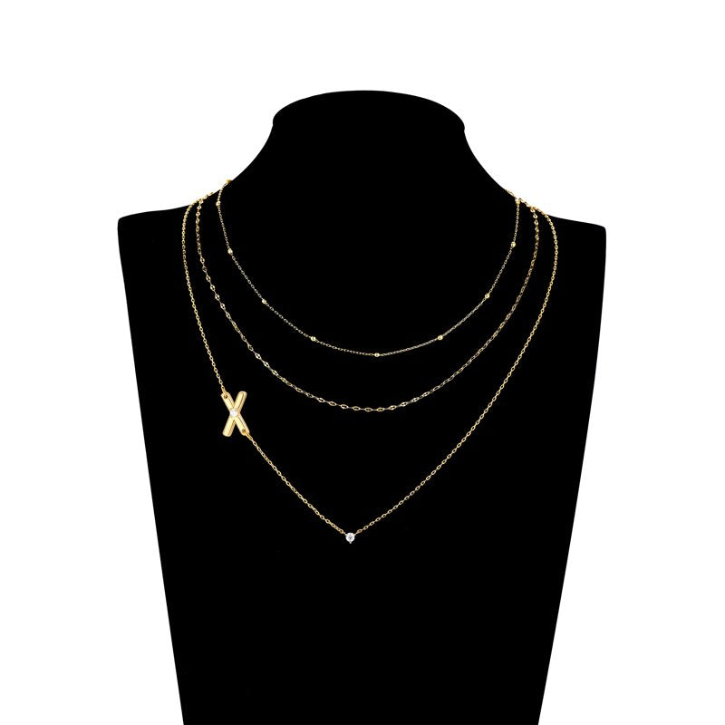Initial Necklace Set with Cubic Zirconia in 14K Gold Flash Plated Brass – Multiple Letters