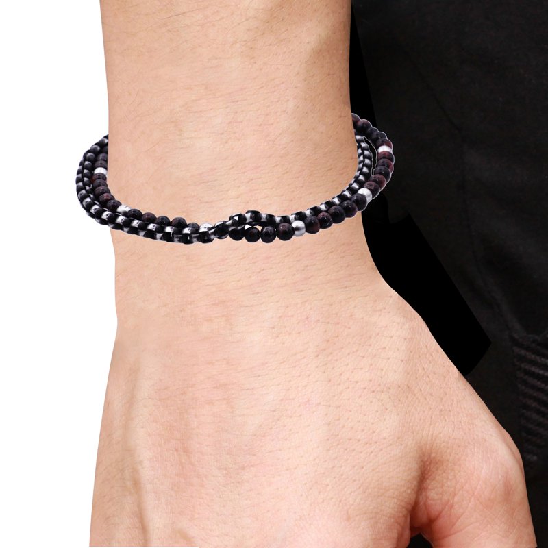 Men's Red Tiger Eye Beaded Bracelet with Black Plated Stainless Steel - 8 Inch