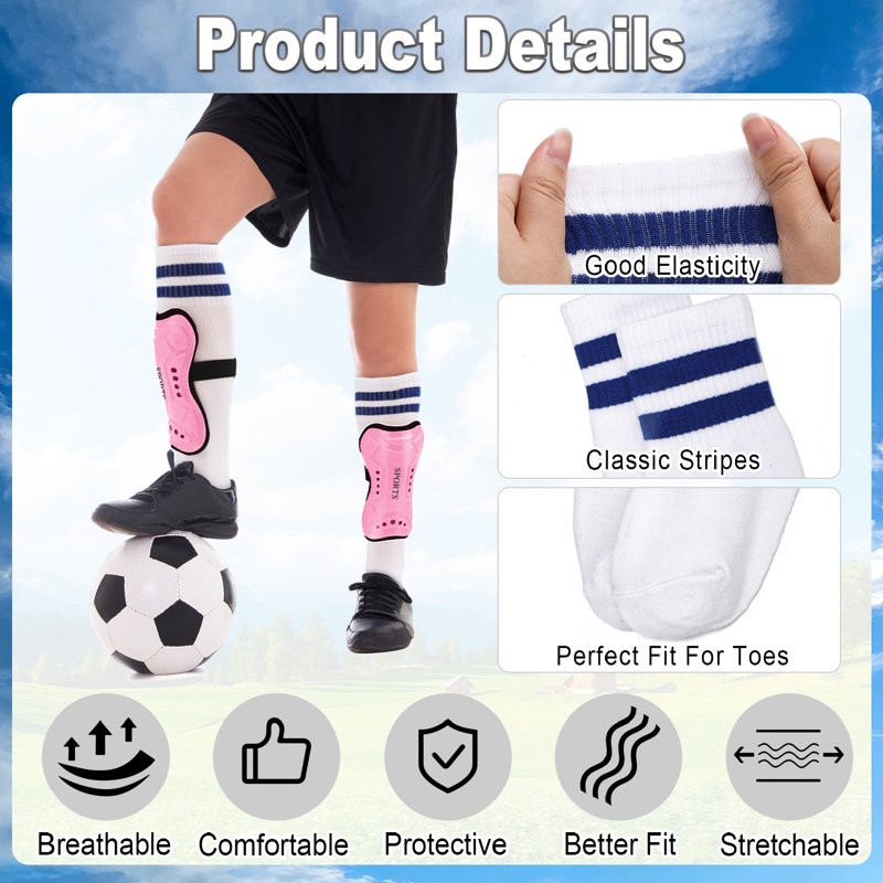 Kids Soccer Shin Guards Set with 3 Socks - Adjustable Lightweight Protective Gear (Black, White, Pink) - Ages 6-14