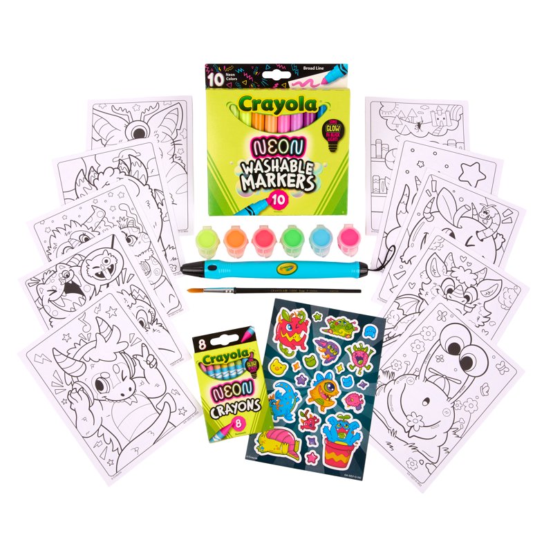 Kids Neon Art Set with Paint Markers Crayons and Glow Light – Creative Craft Kit for Ages 5+