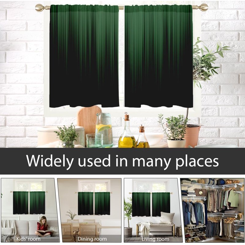 Green and Black Window Curtains for Kitchen Bedroom - Short Gradient Drapes, 1 Pair
