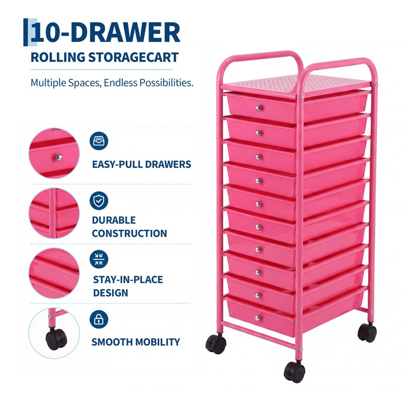 10-Drawer Mobile Storage Cart with Metal Frame & Locking Wheels - Multi-Purpose Organizer