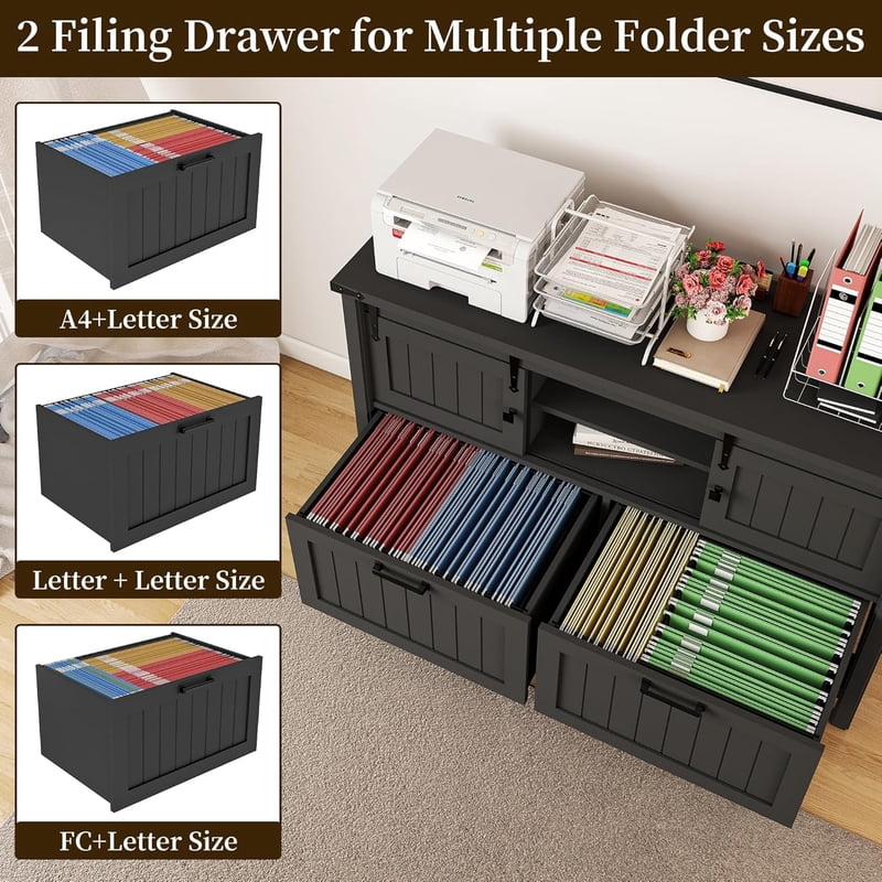 Farmhouse 2-Drawer Lateral File Cabinet with Sliding Doors & Charge Station