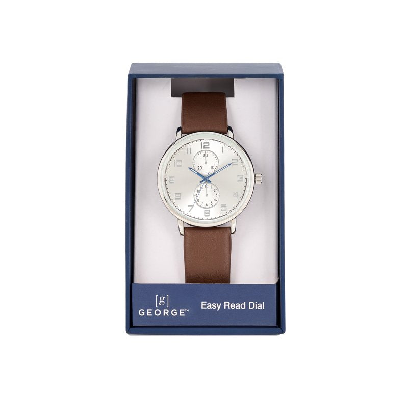 Men's Silver 42mm Round Analogue Watch with Leather Band