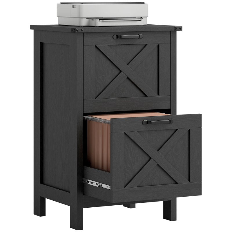 Rustic Farmhouse Two-Drawer File Cabinet with Barn Door Design - Fits A4 & Letter Sizes, Distressed Finish