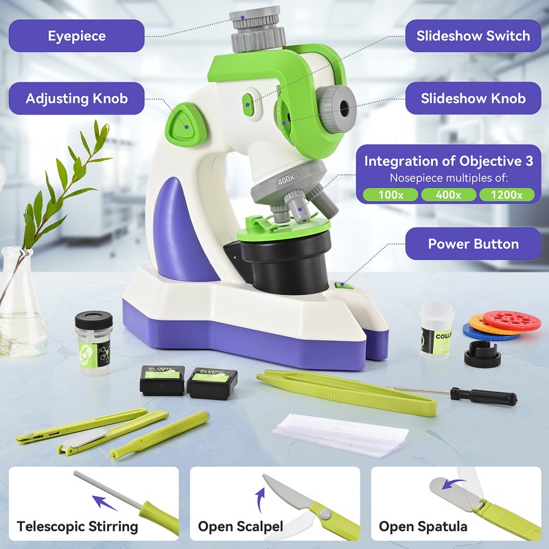 Kids Microscope with Projection Modes 100X-1200X STEM Science Kit for Children