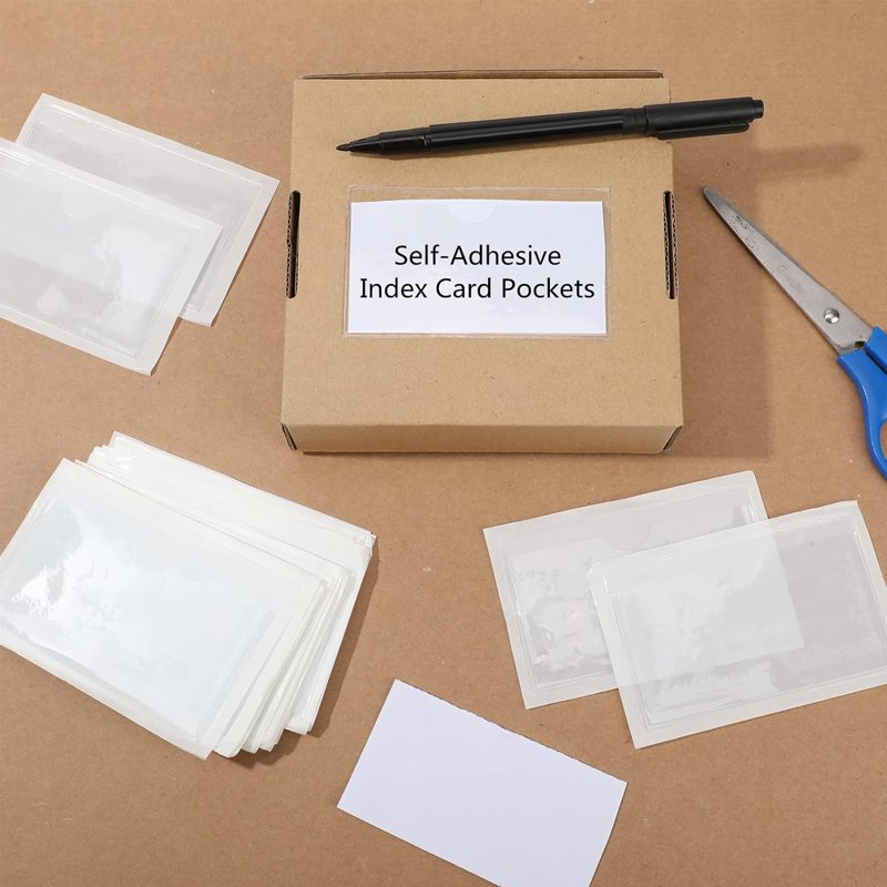 Self-Adhesive Plastic Index Card Holders - Clear Label Pockets for Organization