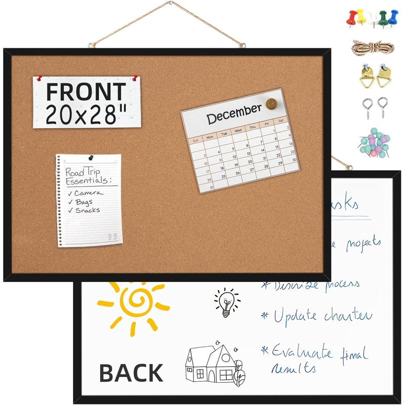 Wall Cork Board and Whiteboard Combo with Wooden Frame - Office & School Organizer