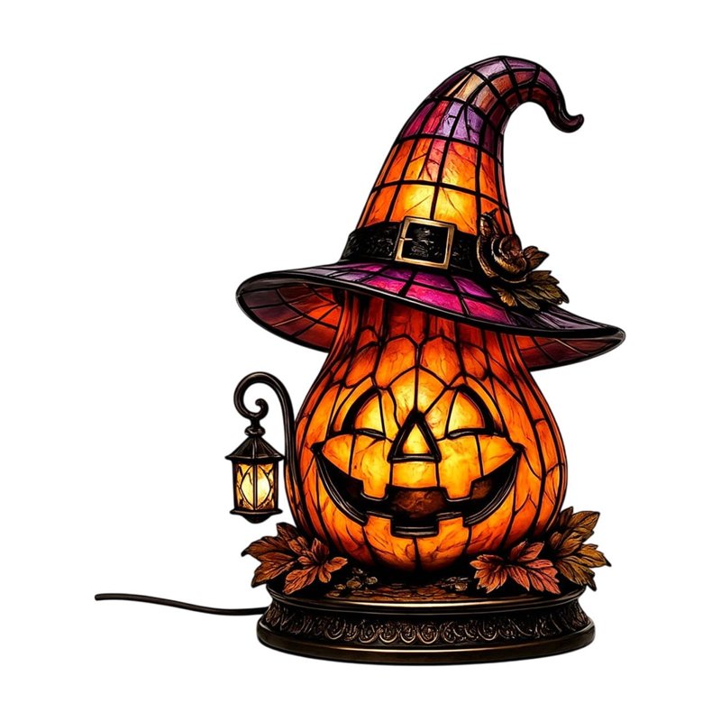 Halloween Pumpkin Table Lamp with Witch Hat - Indoor Decor Night Light
