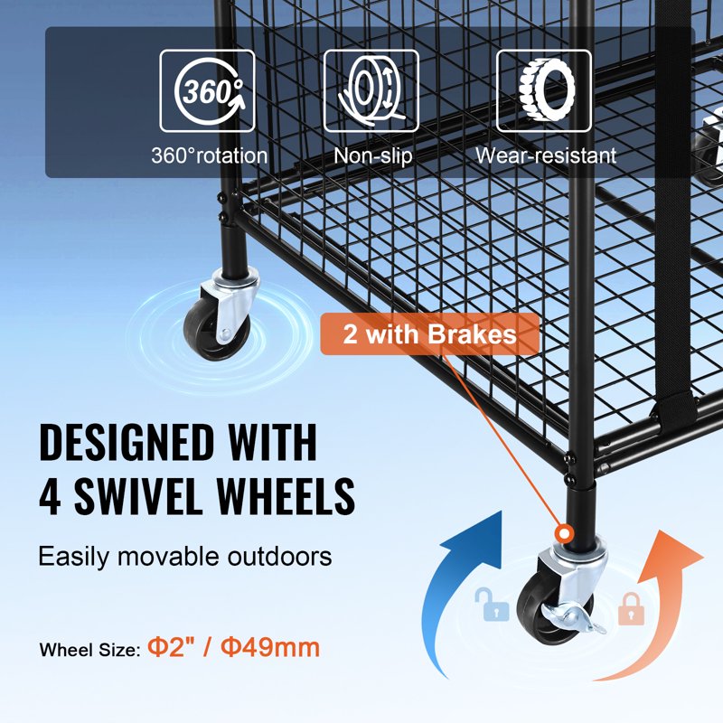 Sports Ball Storage Cart with Steel Frame, Portable & Large Capacity