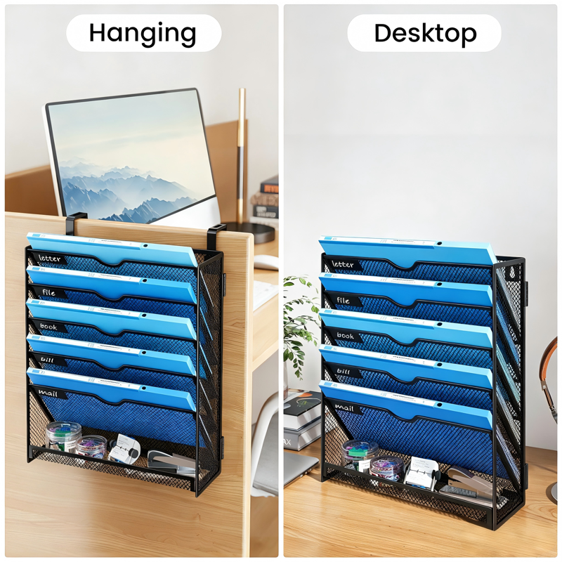 6-Tier Wall File Organizer with Hooks - Metal Hanging Magazine Holder for Office & Home