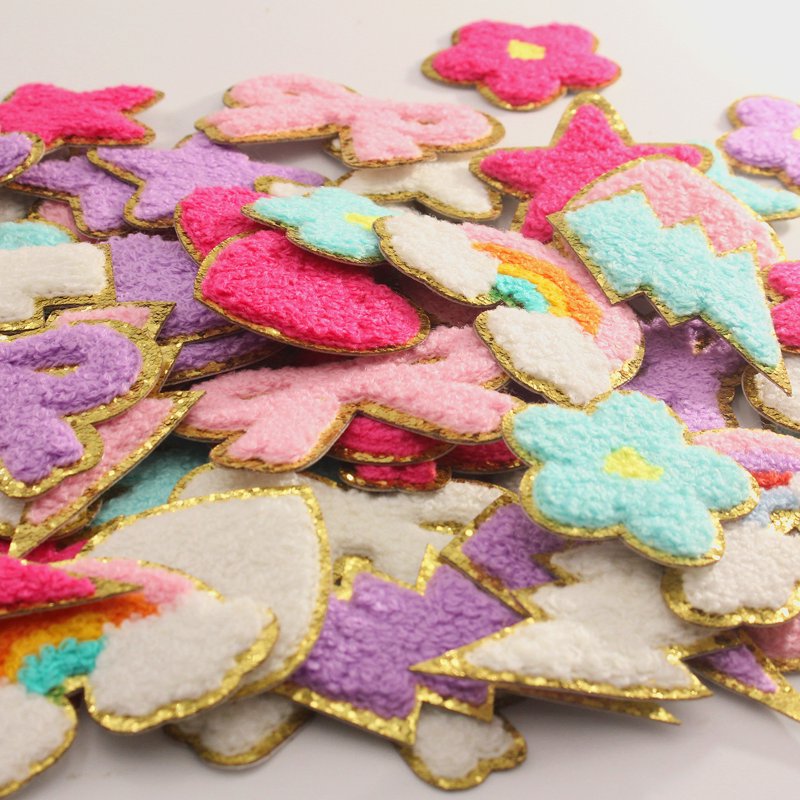 Self-Adhesive Chenille Patches Set of 58 - Rainbow, Heart, Star & Flower Embroidered Stickers for Clothing & DIY Decor