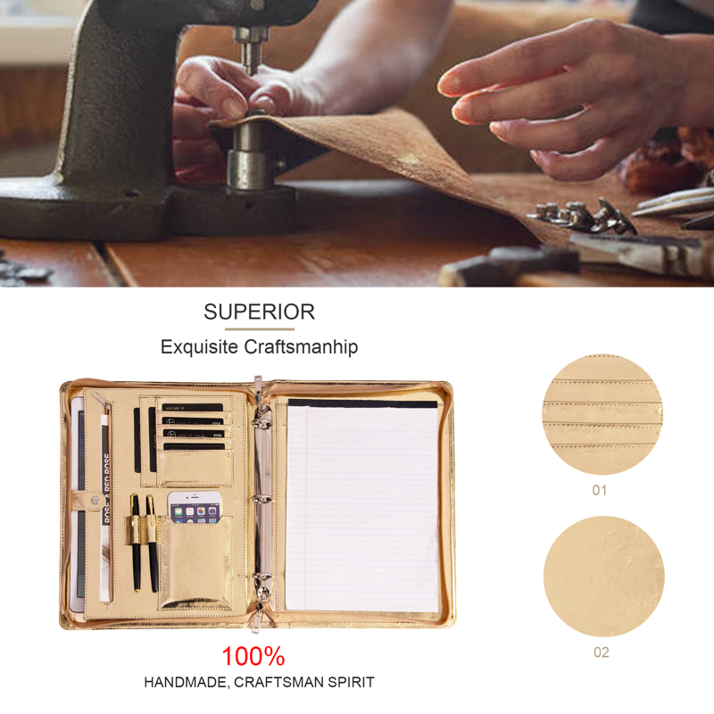 Vegan Leather Portfolio Binder with Zipper & Tablet Sleeve - Gold