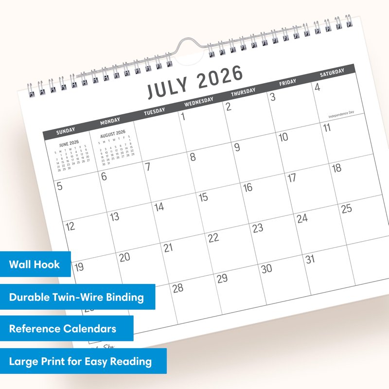 Large Print Academic Year Wall Calendar 2026-2027, 11 x 8.75 Inch, Durable Twin Wire Binding
