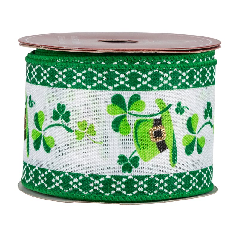 St. Patrick's Day Wired Craft Ribbon - Green Shamrocks & Leprechaun Hats, 2.5" x 10 Yards