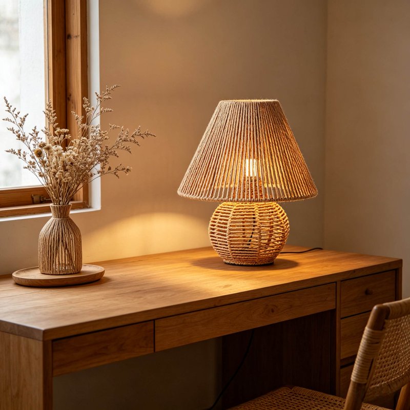 Rattan Table Lamp - Vintage Wicker Boho Nightstand Lamp for Bedroom & Living Room