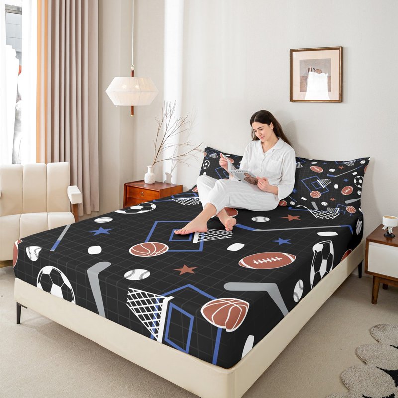 Castle Fairy Twin 3pc Sheet Set - Geometric Plaid & Sport Gamer Breathable Microfiber (Black Blue Brown) Twin