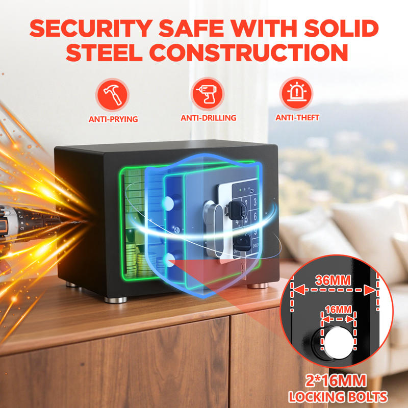 Secure Digital Safe Box with Keypad and USB-C - Reinforced Steel Home Office Security