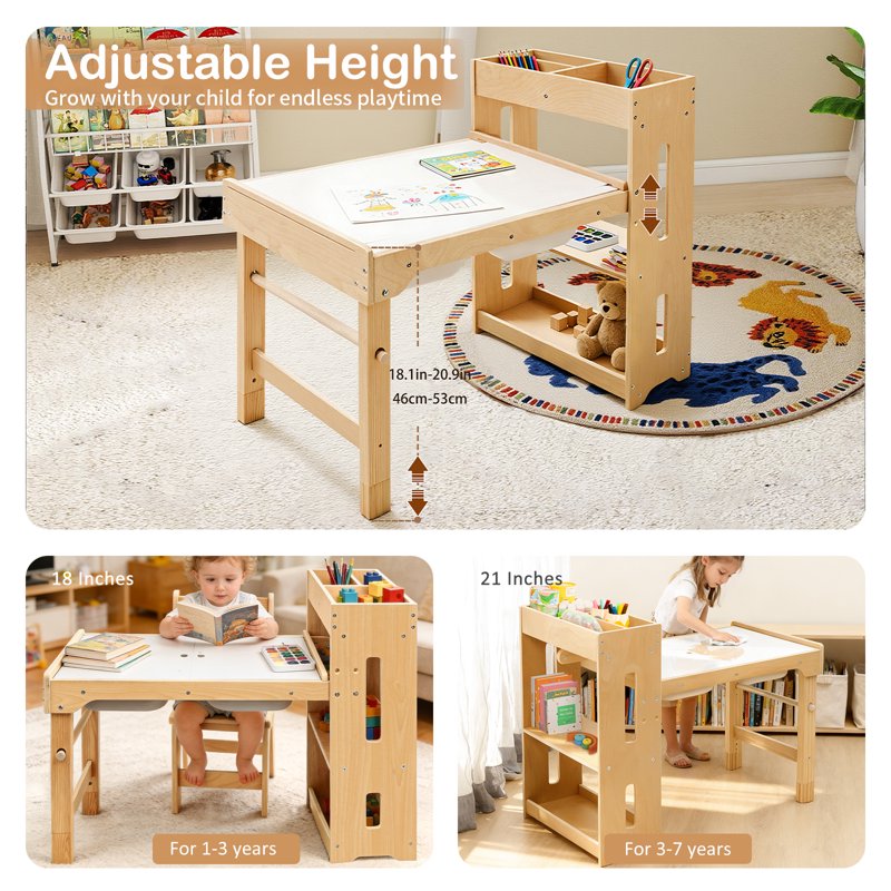 Adjustable Height Kids Activity Table with Storage Shelves and Chairs - Toddler Play Desk