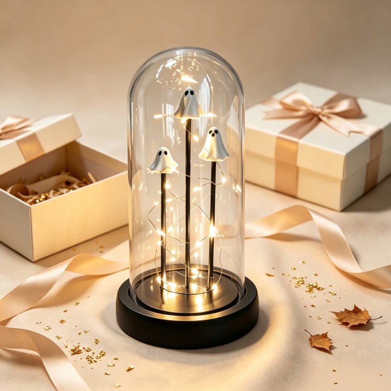 Light Up Ghost Decor Lamp with Glass Dome and Warm Fairy Lights - Halloween Indoor Night Light