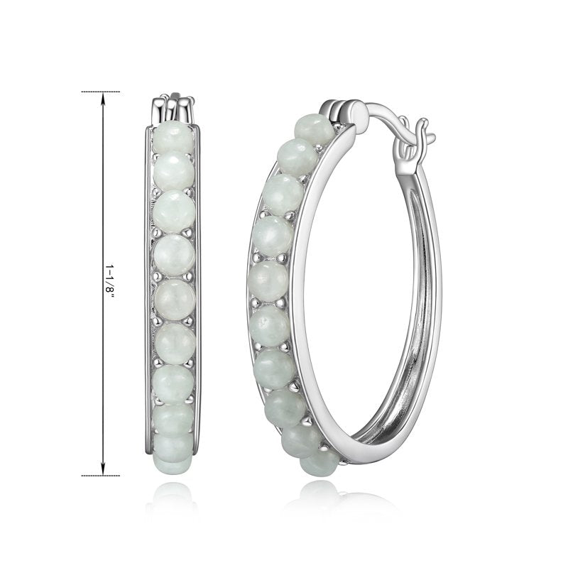 Women's Platinum Over Silver Hoop Earrings with Green Jade 3x2mm