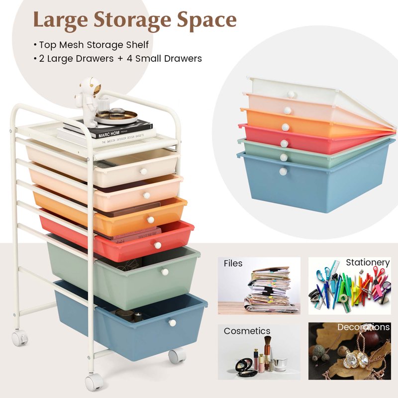 6-Drawer Rolling Storage Cart with Mesh Shelf for Office & Craft Supplies - White