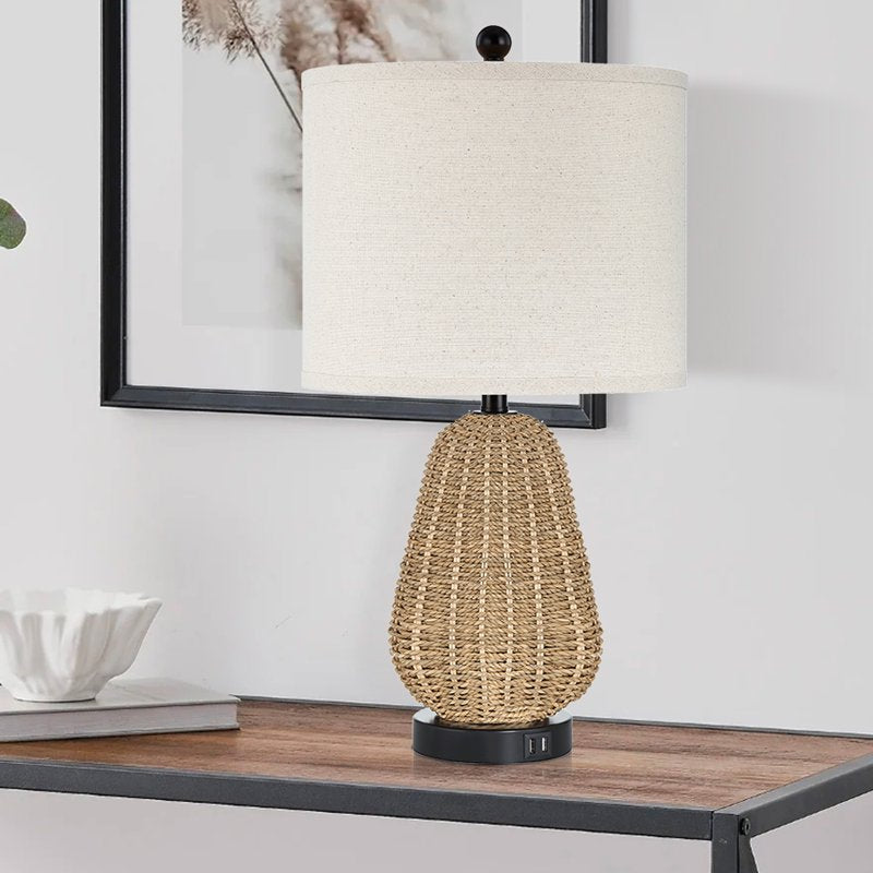 Modern Rattan Table Lamp with USB Charging Ports - Dimmable Bedside Lamp